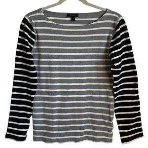 J. Crew Cotton Striped Knit Top Sz M Boat Neck Pullover Gray Black Preppy Casual